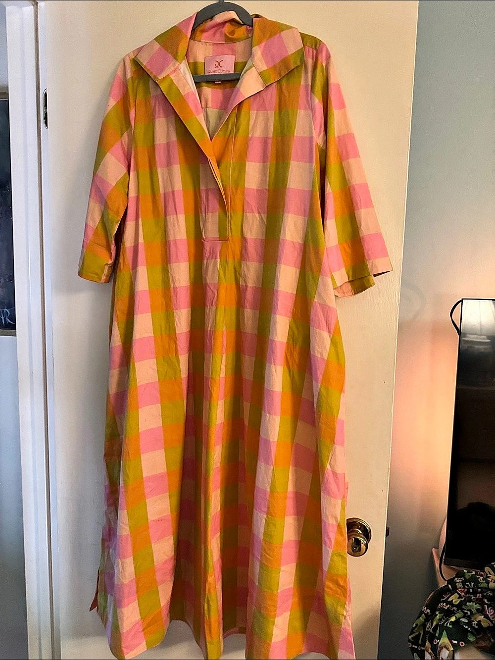Quiet Culture Women's Checkered Maxi Dress Pink & Yellow Like New